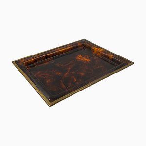 Hollywood Regency Brass and Tortoiseshell Acrylic Glass Tray, Italy, 1970s-TXN-2033815