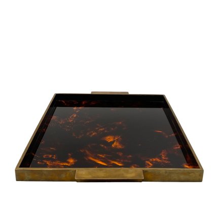 Hollywood Regency Brass and Tortoiseshell Acrylic Tray, Italy, 1970s-TXN-2033793