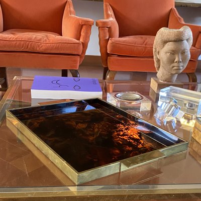 Hollywood Regency Brass and Tortoiseshell Acrylic Tray, Italy, 1970s-TXN-2033793