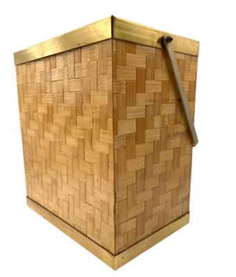 Hollywood Regency Brass and Woven Bamboo Magazine Rack, 1970-TXN-2032298