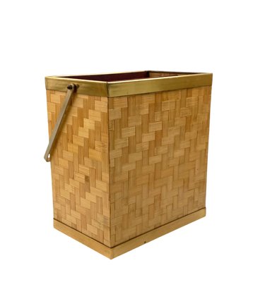 Hollywood Regency Brass and Woven Bamboo Magazine Rack, 1970-TXN-2032298