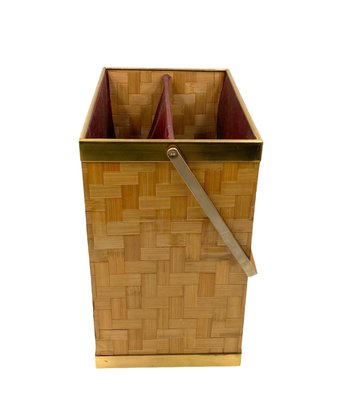 Hollywood Regency Brass and Woven Bamboo Magazine Rack, 1970-TXN-2032298