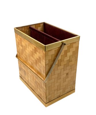 Hollywood Regency Brass and Woven Bamboo Magazine Rack, 1970-TXN-2032298