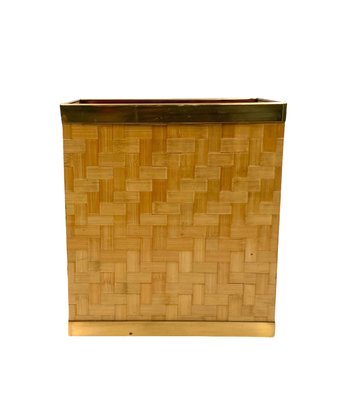 Hollywood Regency Brass and Woven Bamboo Magazine Rack, 1970-TXN-2032298