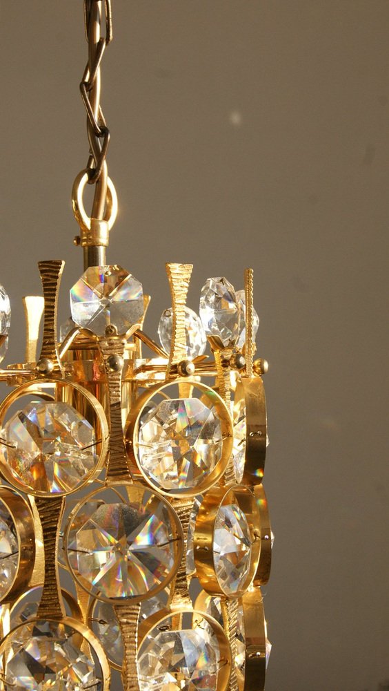 Hollywood Regency Brass & Crystal Glass Ceiling Lamp by Christoph Palme for Palwa