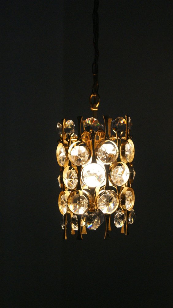 Hollywood Regency Brass & Crystal Glass Ceiling Lamp by Christoph Palme for Palwa