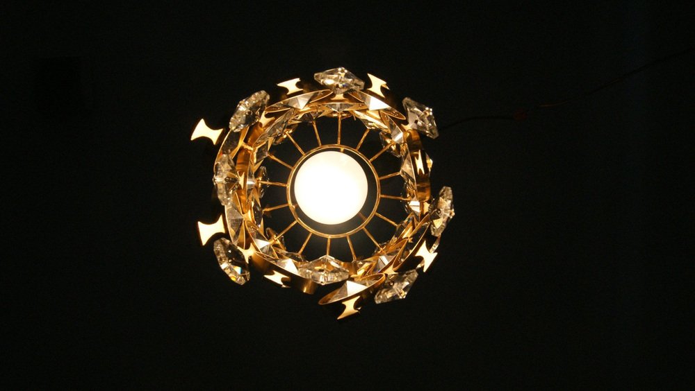 Hollywood Regency Brass & Crystal Glass Ceiling Lamp by Christoph Palme for Palwa