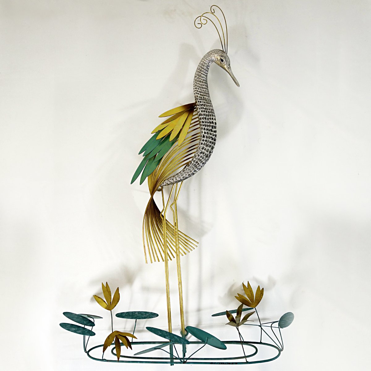 Hollywood Regency Brass Wall Sculpture Silver Heron Bird by Curtis Jere for Artisan House, 1987