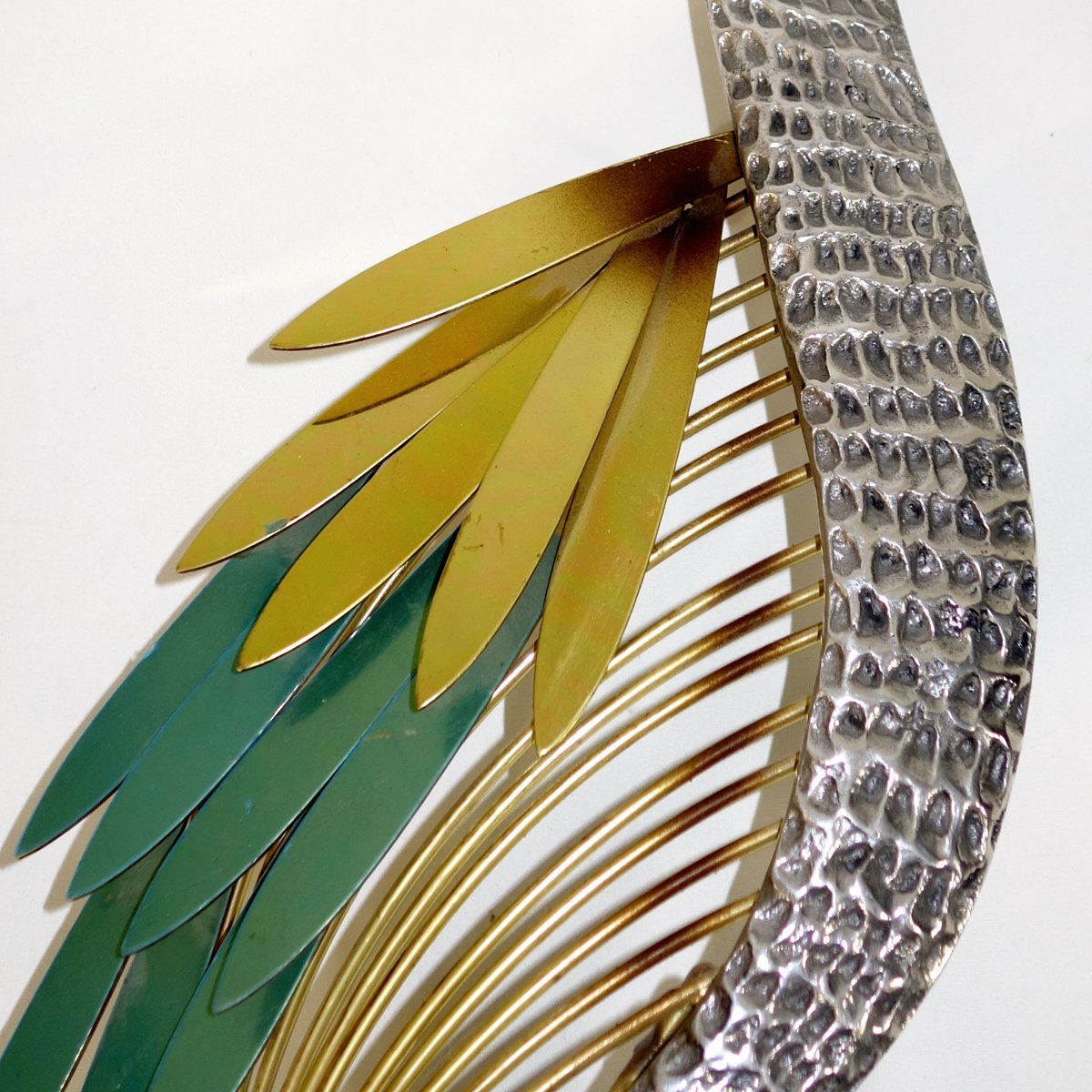 Hollywood Regency Brass Wall Sculpture Silver Heron Bird by Curtis Jere for Artisan House, 1987