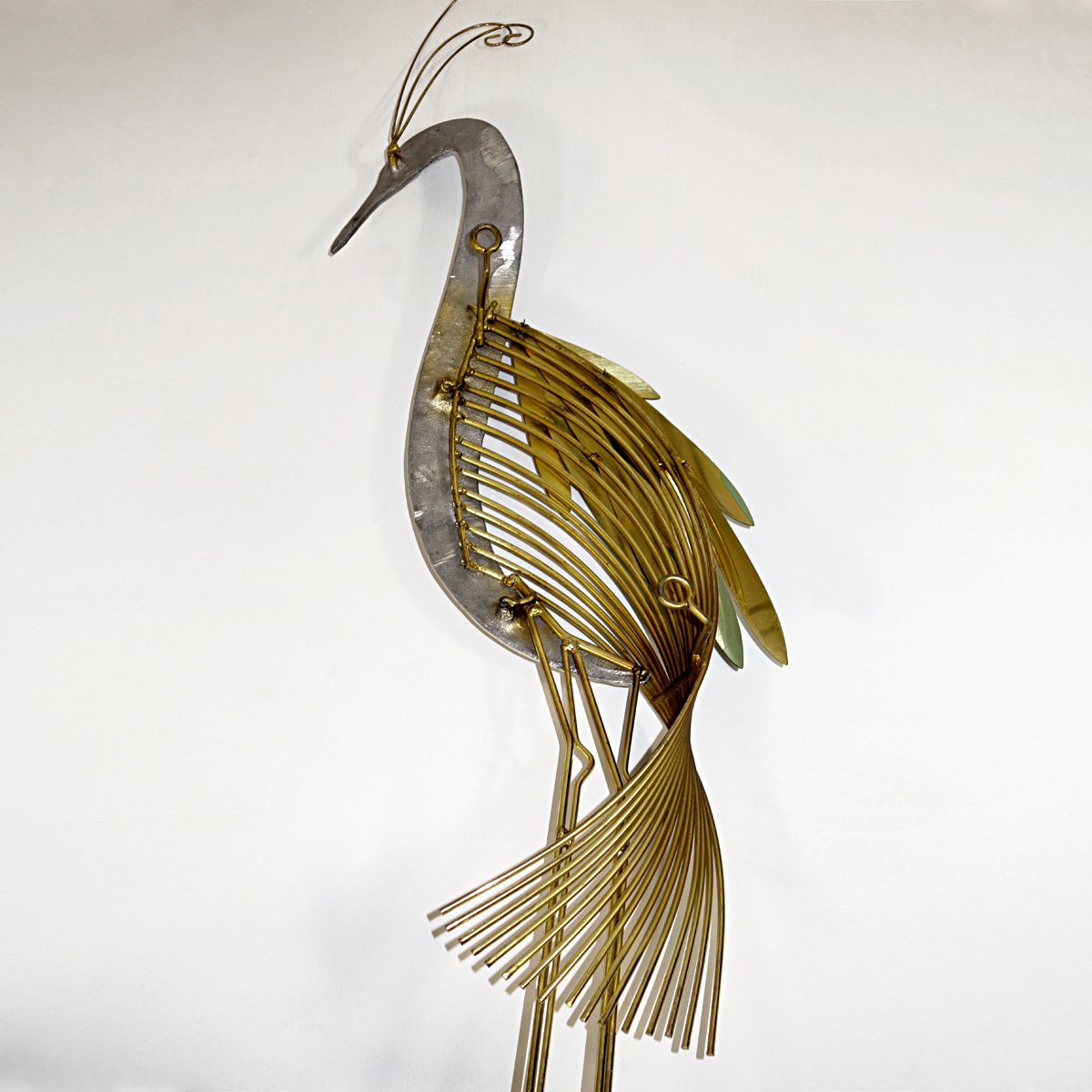 Hollywood Regency Brass Wall Sculpture Silver Heron Bird by Curtis Jere for Artisan House, 1987