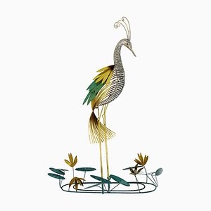 Hollywood Regency Brass Wall Sculpture Silver Heron Bird by Curtis Jere for Artisan House, 1987-RY-694384