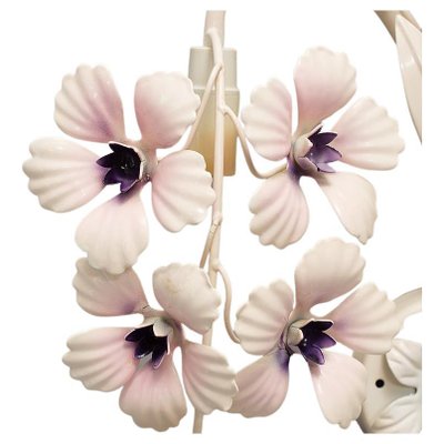 Hollywood Regency Cream White Metal Floral Leaf Wall Lamp-RUK-1758060