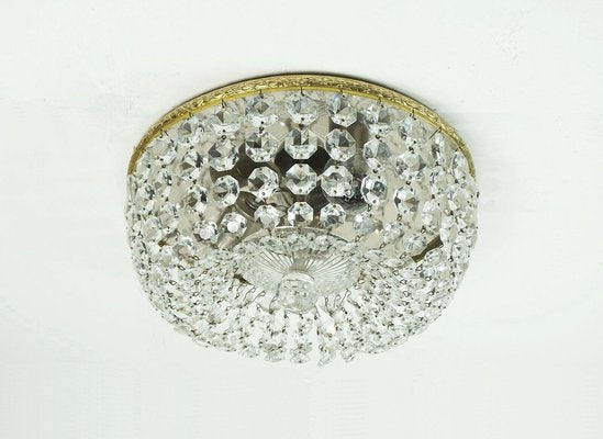 Hollywood Regency Crystal Glass Ceiling Light Plafoniere with Glass Crystals, Brass & Metal, 1960s-FH-1813795