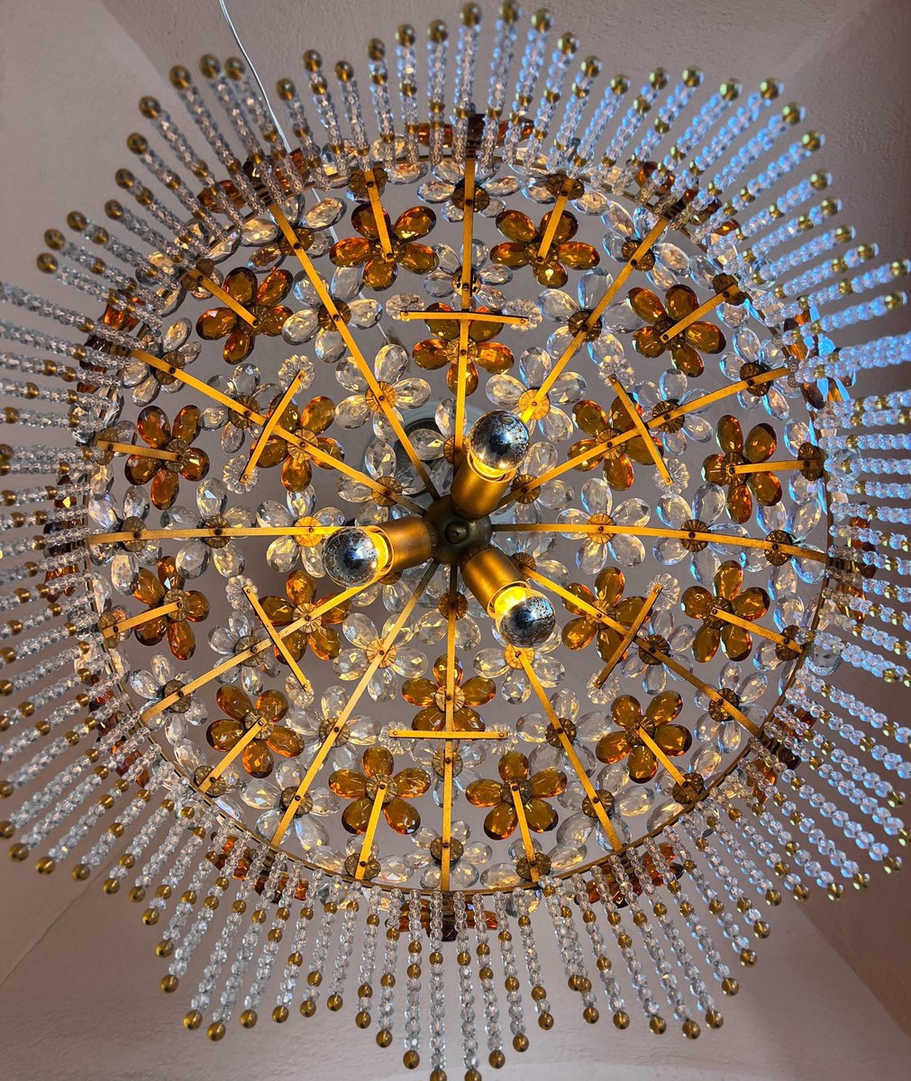 Hollywood Regency Crystal Glass Flower Chandelier attributed to Maison Baguès, 1960