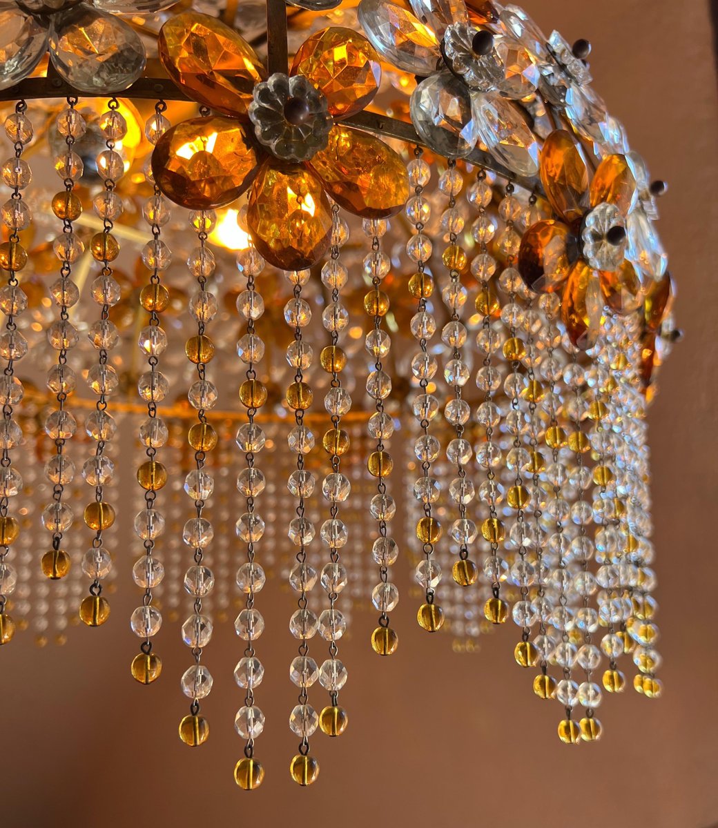 Hollywood Regency Crystal Glass Flower Chandelier attributed to Maison Baguès, 1960