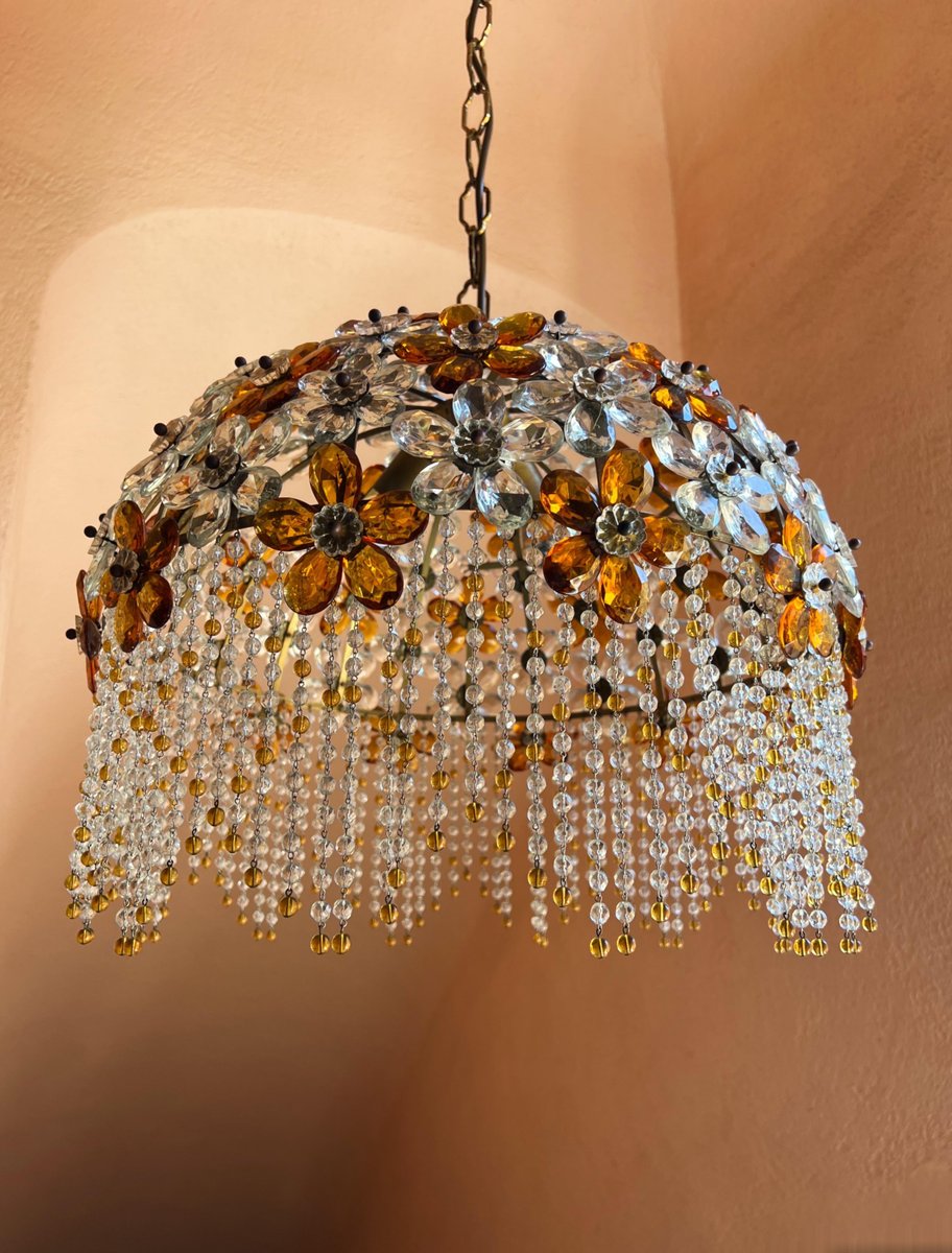 Hollywood Regency Crystal Glass Flower Chandelier attributed to Maison Baguès, 1960