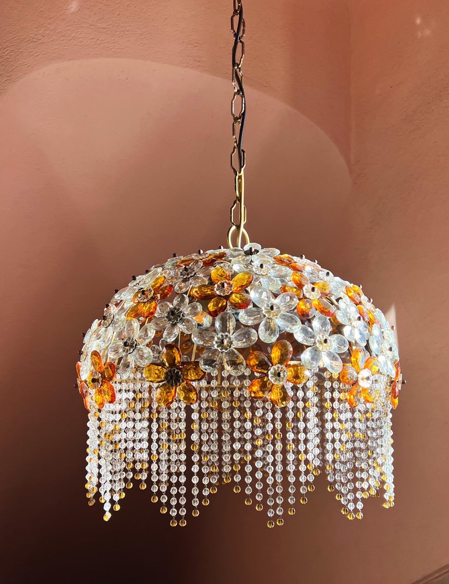 Hollywood Regency Crystal Glass Flower Chandelier attributed to Maison Baguès, 1960