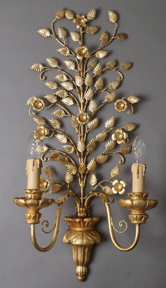 Hollywood Regency Floral Golden Wall Light, Florence, Italy, 1960s