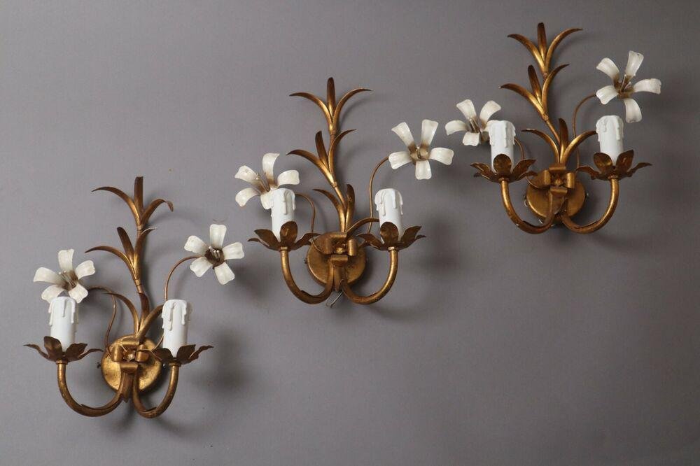 Hollywood Regency Gilded Florentine Orchid Wall Lights from Hans Kögl