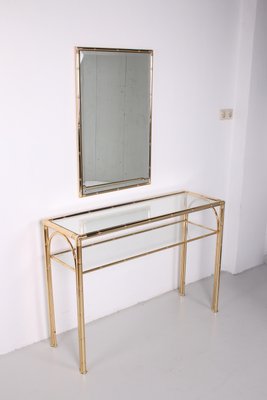 Hollywood Regency Golden Bamboo Console Table and Mirror, 1970s, Set of 2-EZZ-548478