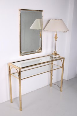 Hollywood Regency Golden Bamboo Console Table and Mirror, 1970s, Set of 2-EZZ-548478