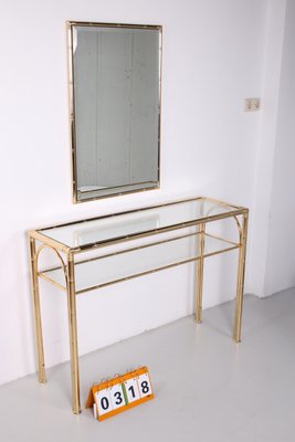 Hollywood Regency Golden Bamboo Console Table and Mirror, 1970s, Set of 2-EZZ-548478