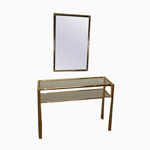 Hollywood Regency Golden Bamboo Console Table and Mirror, 1970s, Set of 2-EZZ-548478