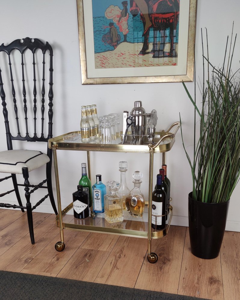 Hollywood Regency Italian Two-Tier Brass and Glass Bar Cart, 1970s