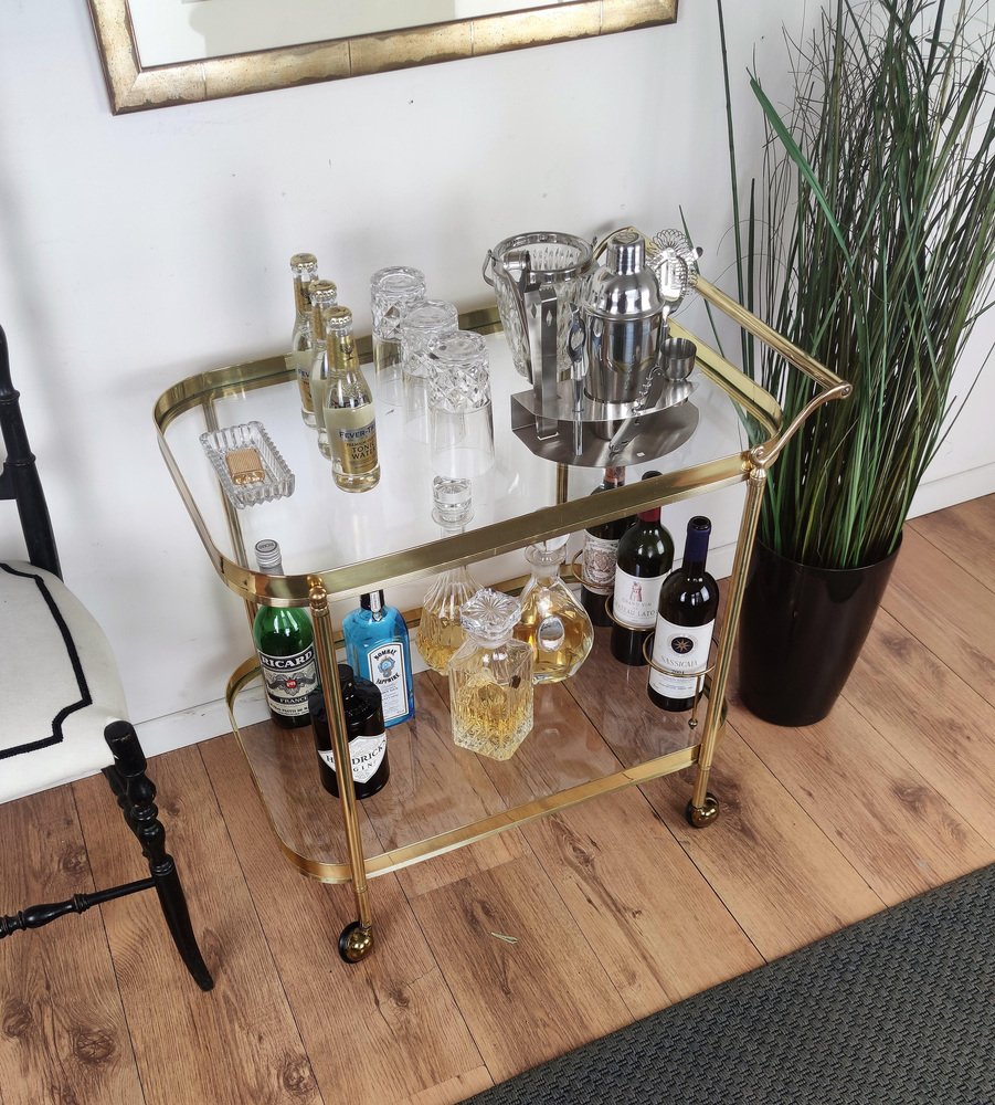 Hollywood Regency Italian Two-Tier Brass and Glass Bar Cart, 1970s