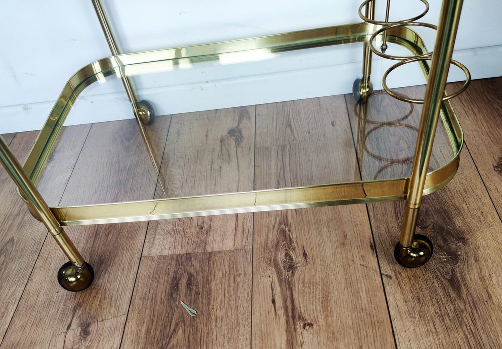 Hollywood Regency Italian Two-Tier Brass and Glass Bar Cart, 1970s