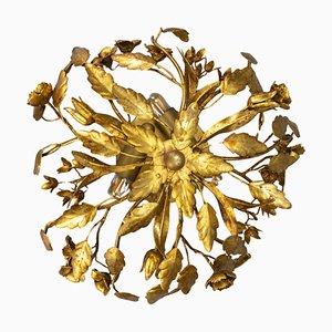 Hollywood Regency Style Gilt Metal Floral Flush Mount or Ceiling Light, 1970s-KEG-1725966