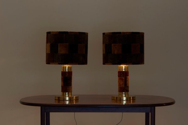 Hollywood Regency Table Lamps in Brass and Rug, 1970s, Set of 2-VLZ-631821