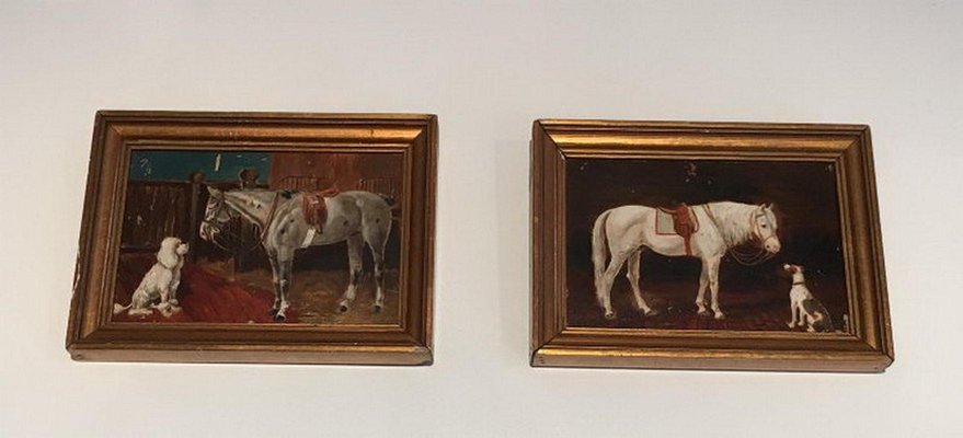 Horse and Dog Paintings, 19th-Century, Oil on Canvas, Framed, Set of 2-BA-658354