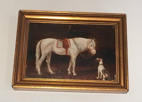 Horse and Dog Paintings, 19th-Century, Oil on Canvas, Framed, Set of 2-BA-658354