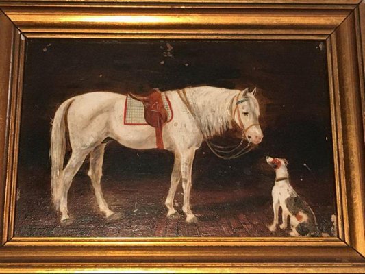 Horse and Dog Paintings, 19th-Century, Oil on Canvas, Framed, Set of 2-BA-658354