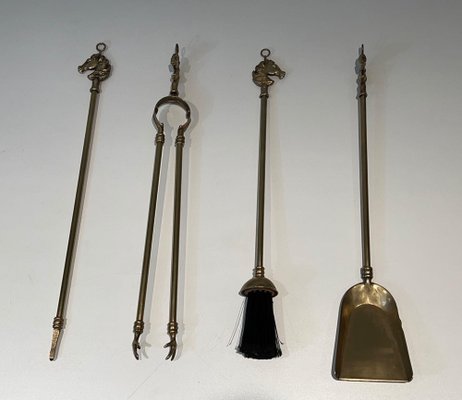 Horse Head Fire Tools in Brass in the style of the Maison Jansen, 1950s, Set of 5-BA-1780969