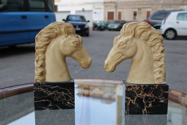 Horse Head Sculptures with Marble & Faux Ivory, 1950s, Set of 2-EH-776769