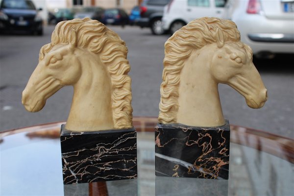 Horse Head Sculptures with Marble & Faux Ivory, 1950s, Set of 2-EH-776769