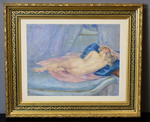 Humbert Vignot, Nude with Blue Cushion, 1920s, Oil on Cardboard-BCR-2021564