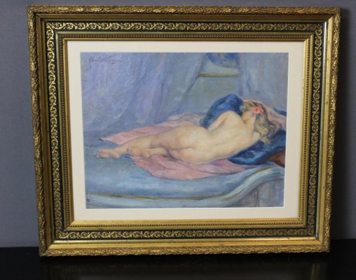 Humbert Vignot, Nude with Blue Cushion, 1920s, Oil on Cardboard-BCR-2021564