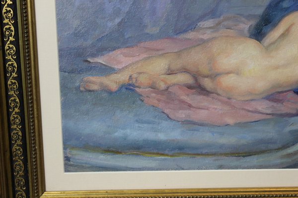 Humbert Vignot, Nude with Blue Cushion, 1920s, Oil on Cardboard-BCR-2021564