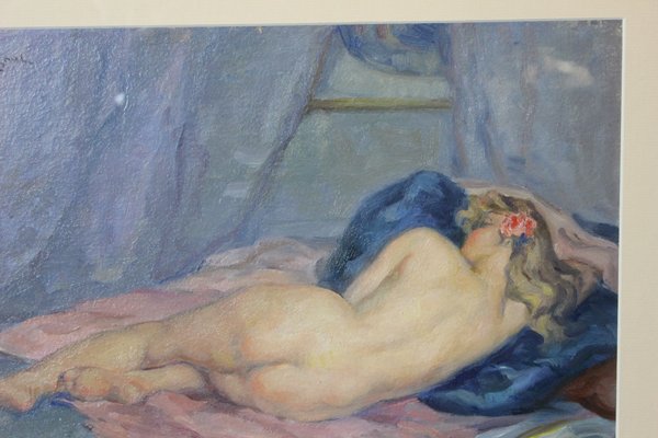 Humbert Vignot, Nude with Blue Cushion, 1920s, Oil on Cardboard-BCR-2021564