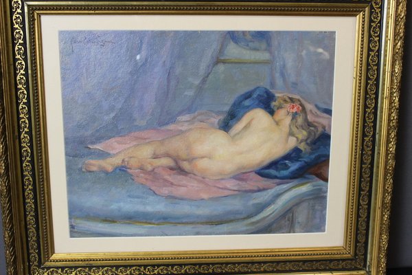 Humbert Vignot, Nude with Blue Cushion, 1920s, Oil on Cardboard-BCR-2021564