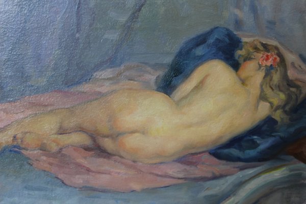 Humbert Vignot, Nude with Blue Cushion, 1920s, Oil on Cardboard-BCR-2021564