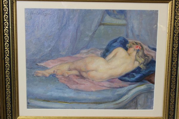 Humbert Vignot, Nude with Blue Cushion, 1920s, Oil on Cardboard-BCR-2021564