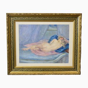 Humbert Vignot, Nude with Blue Cushion, 1920s, Oil on Cardboard-BCR-2021564