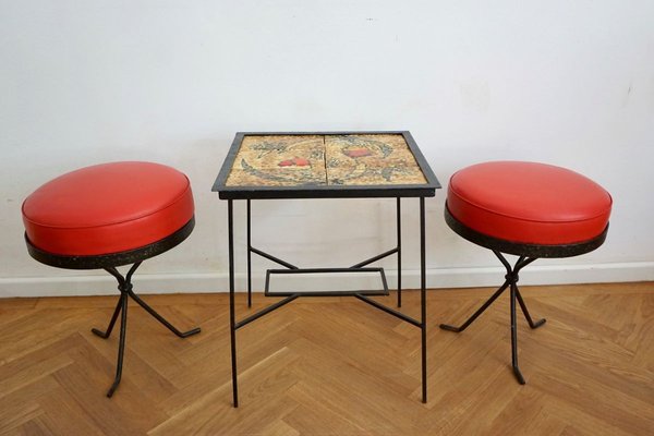 Hungarian Ceramic Side Table & Red Stools, 1969, Set of 3-HYJ-750731