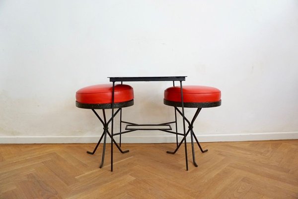 Hungarian Ceramic Side Table & Red Stools, 1969, Set of 3-HYJ-750731