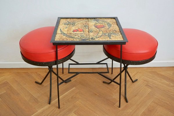 Hungarian Ceramic Side Table & Red Stools, 1969, Set of 3-HYJ-750731