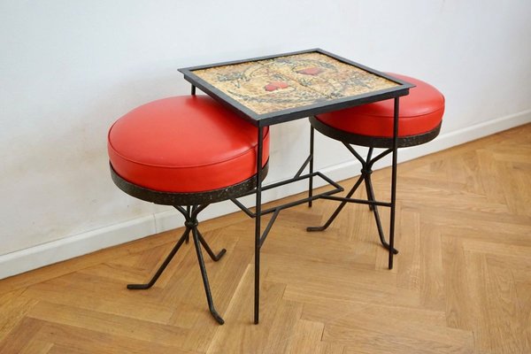 Hungarian Ceramic Side Table & Red Stools, 1969, Set of 3-HYJ-750731